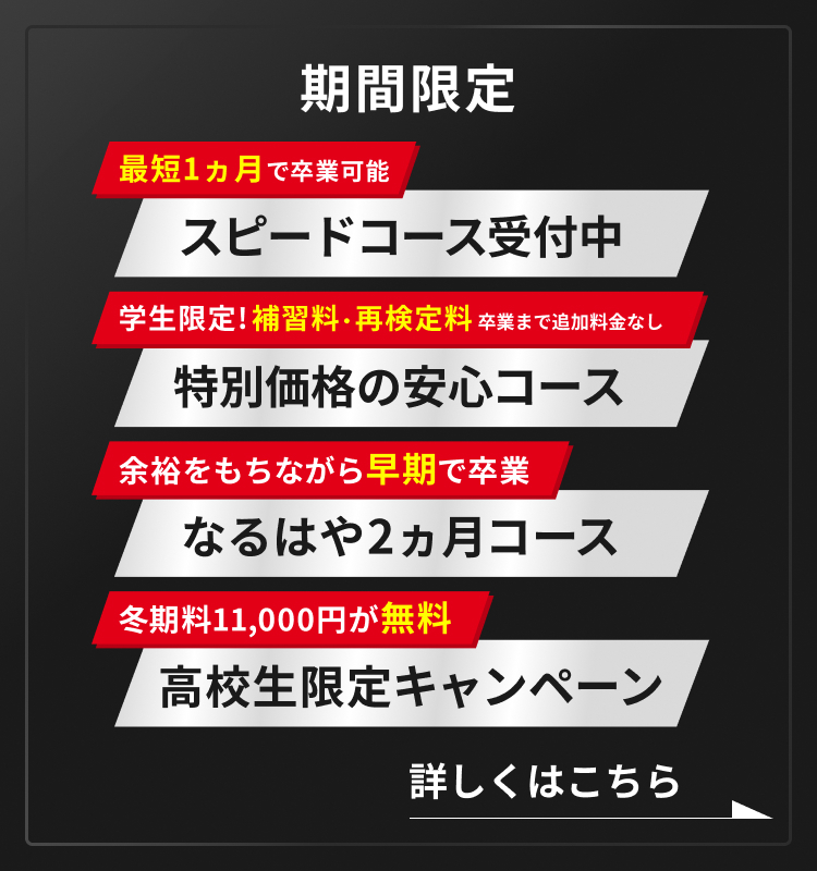 最短1ヵ月で卒業可能 スピードコース受付中 学生限定!補習料・再検定料卒業まで追加料金なし 特別価格の安心コース 余裕をもちながら早期で卒業 なるはや2ヵ月コース 冬期料11,000円が無料 高校生限定キャンペーン